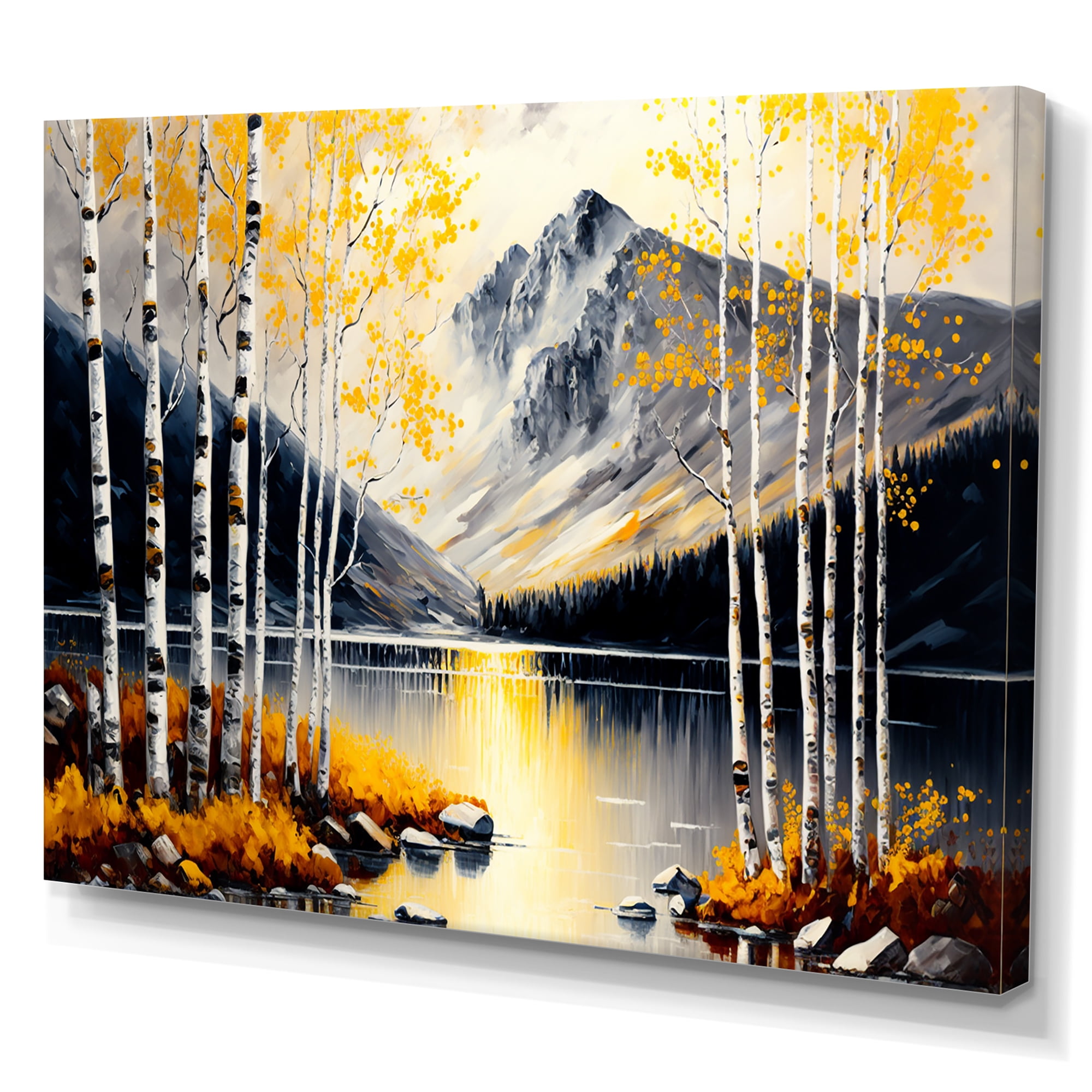 Designart Monochrome Golden Birch Trees By The Lake II Canvas Wall Art
