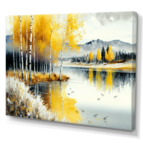 Designart Monochrome Golden Birch Trees By The Lake IV Canvas Wall Art