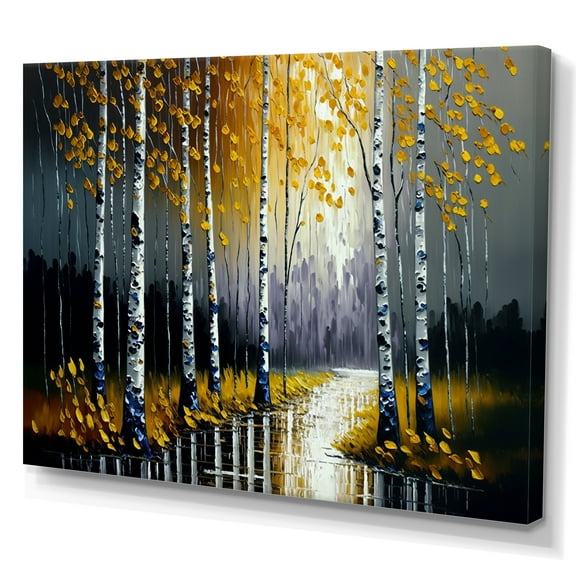 Designart Monochrome Golden Birch Trees By The River II Canvas Wall Art
