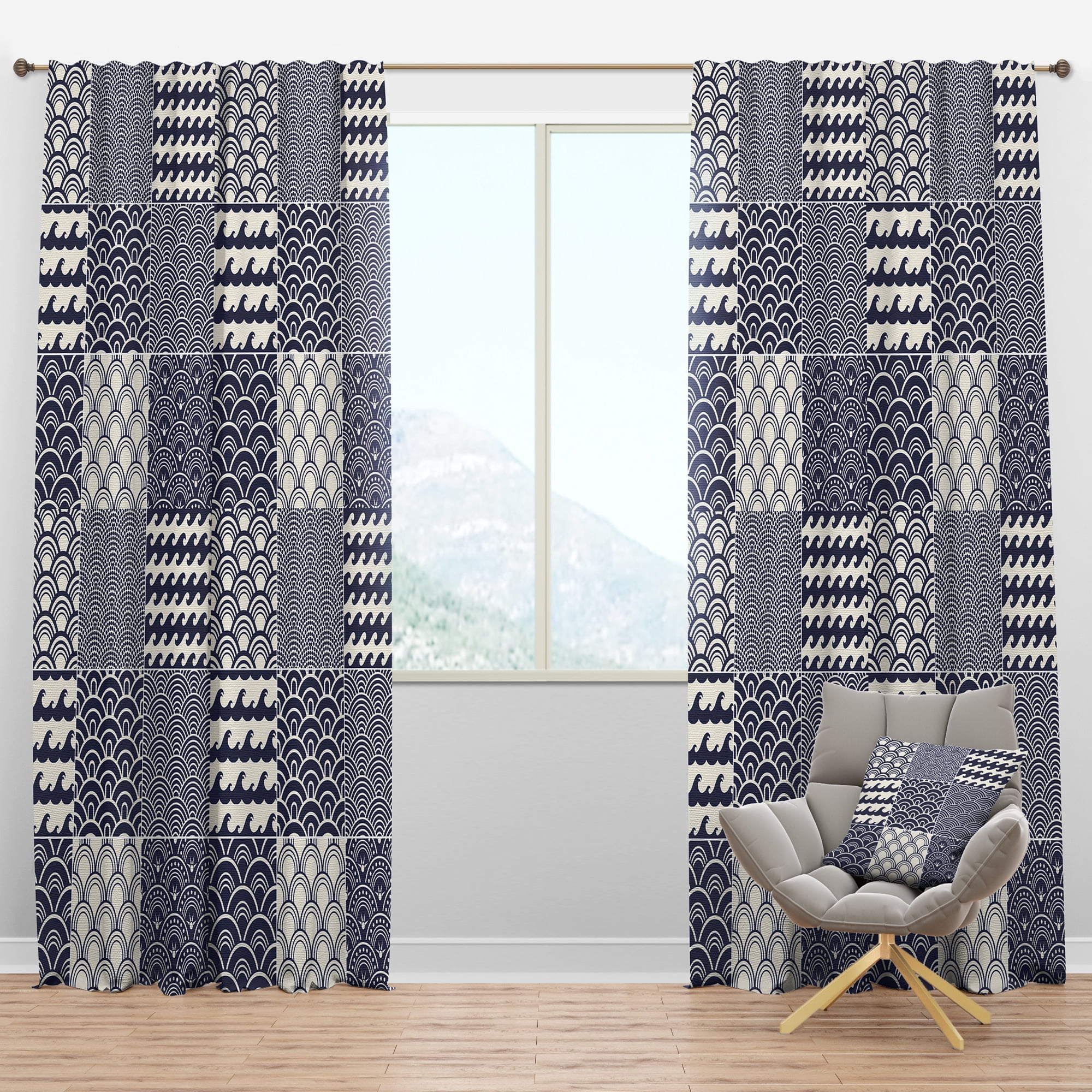Designart 'Monochrome Japanese Ocean Wave Pattern' Costal Blackout Curtain Panel