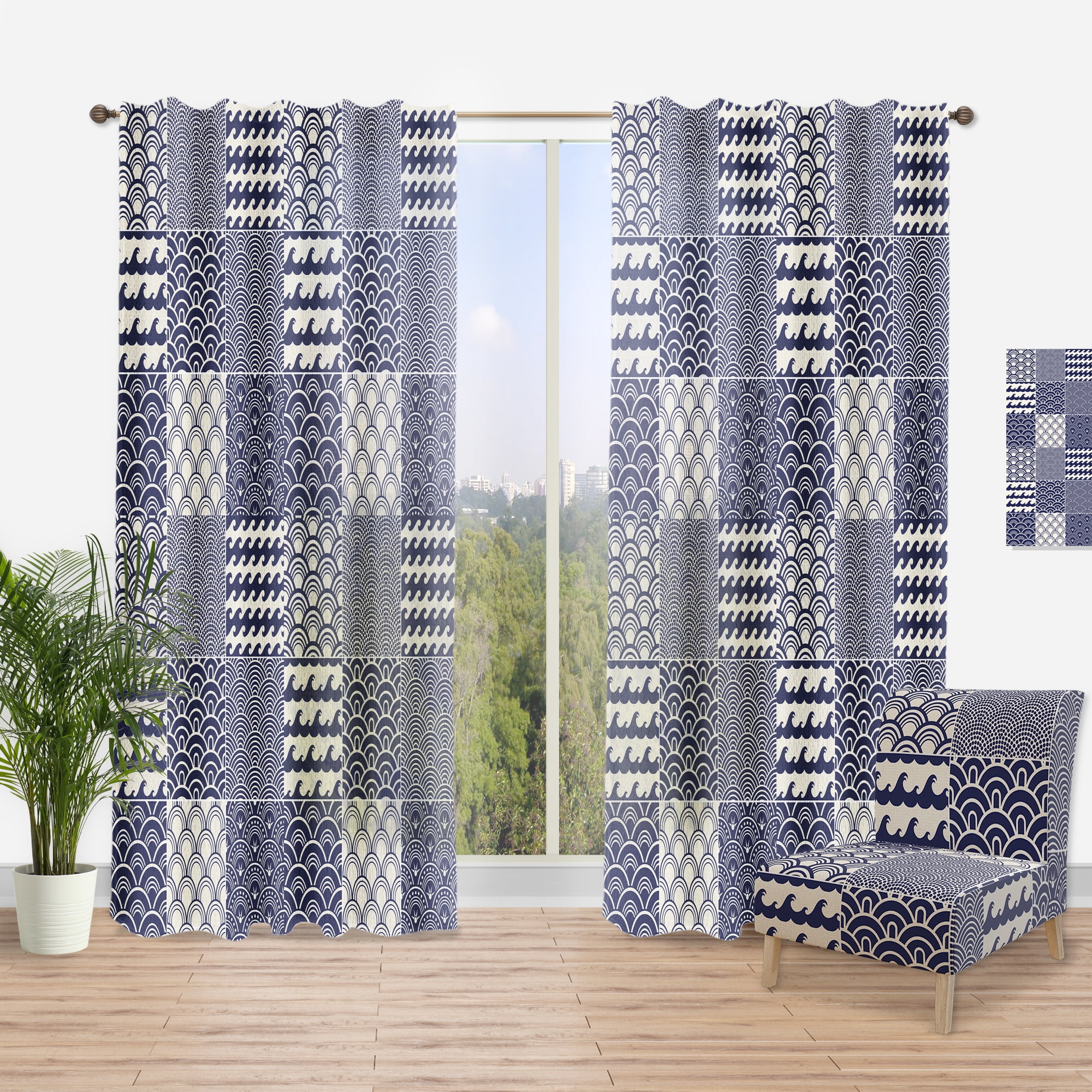 Designart 'Monochrome Japanese Ocean Wave Pattern' Costal Curtain Panel