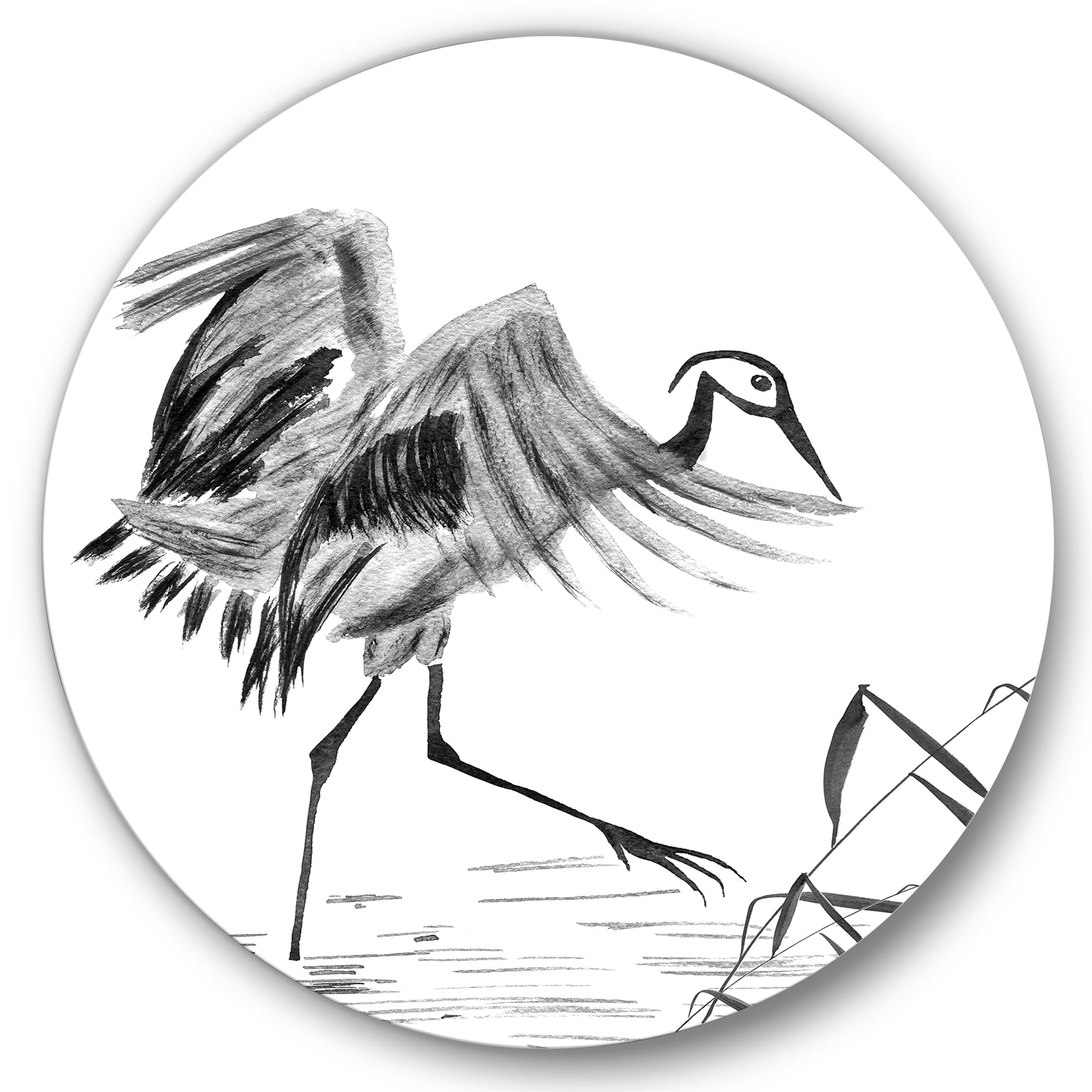 Designart 'Monochrome Japanese Oriental Crane Bird' Traditional Circle Metal Wall Art 23x23 - Disc of 23