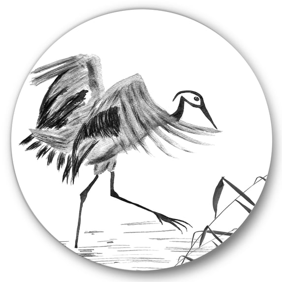 Designart 'Monochrome Japanese Oriental Crane Bird' Traditional Circle Metal Wall Art 23x23 - Disc of 23