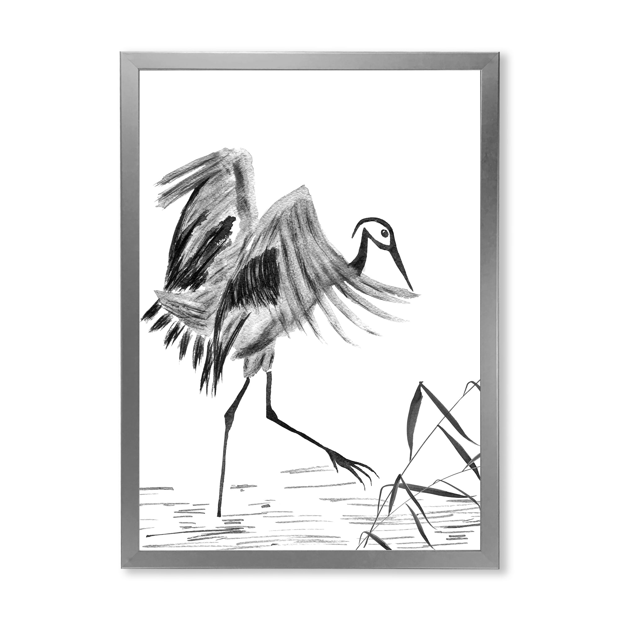 Designart 'Monochrome Japanese Oriental Crane Bird' Traditional Framed Art Print