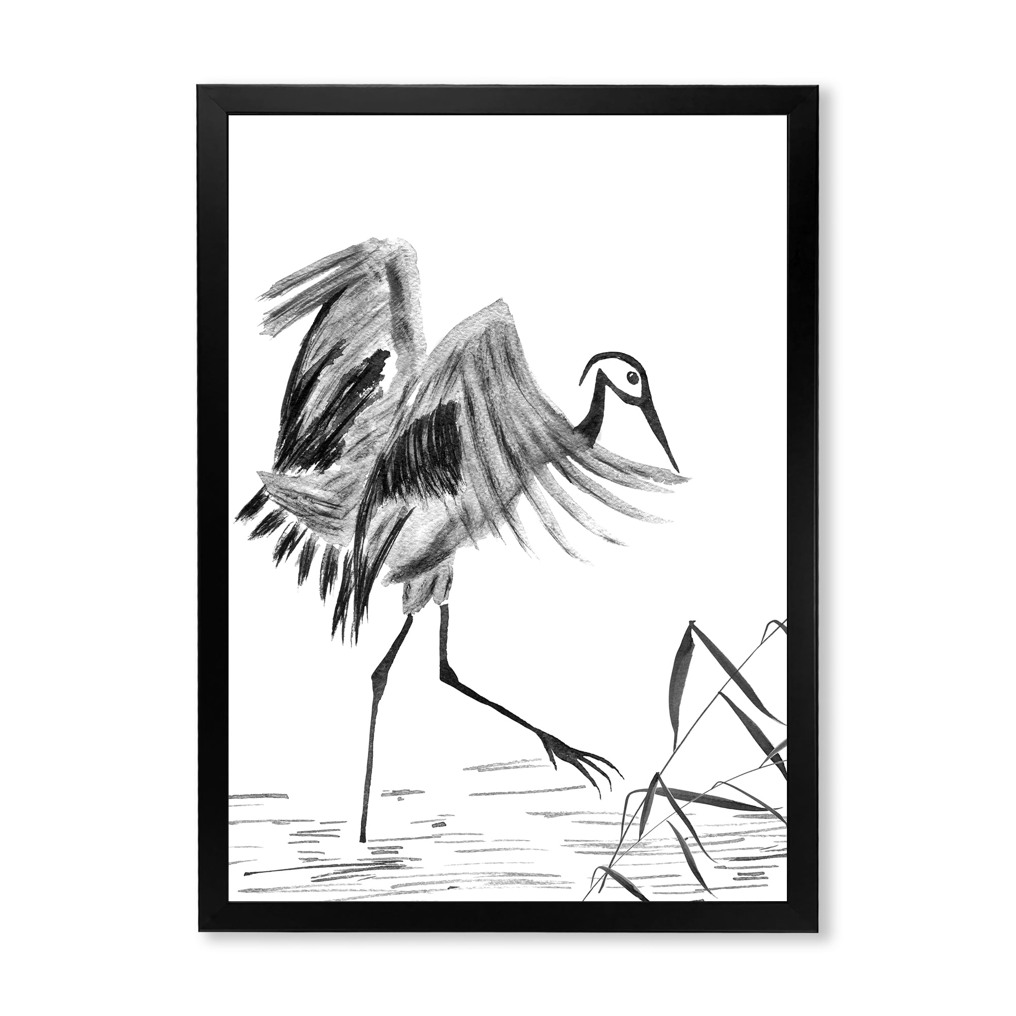 Designart 'Monochrome Japanese Oriental Crane Bird' Traditional Framed Art Print