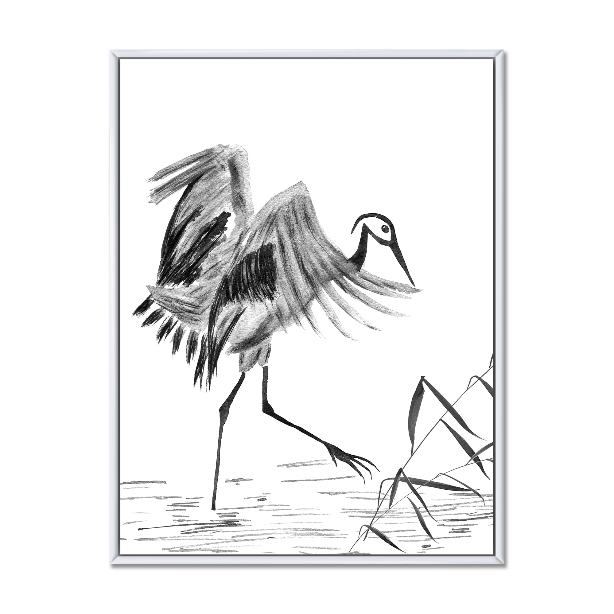 Designart 'Monochrome Japanese Oriental Crane Bird' Traditional Framed Canvas Wall Art Print