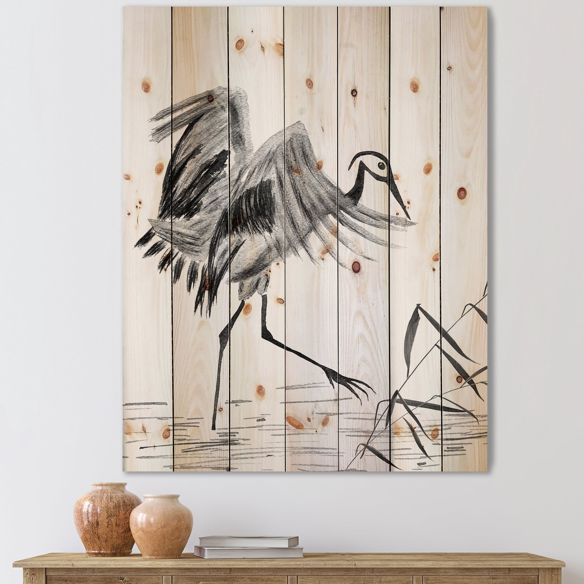 Designart 'Monochrome Japanese Oriental Crane Bird' Traditional Print on Natural Pine Wood