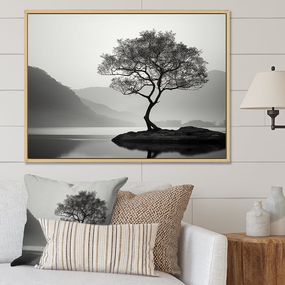 Designart "Monochrome Lakeside Arboreal Portrait I" Landscape Mountains Floater Framed Canvas Prints