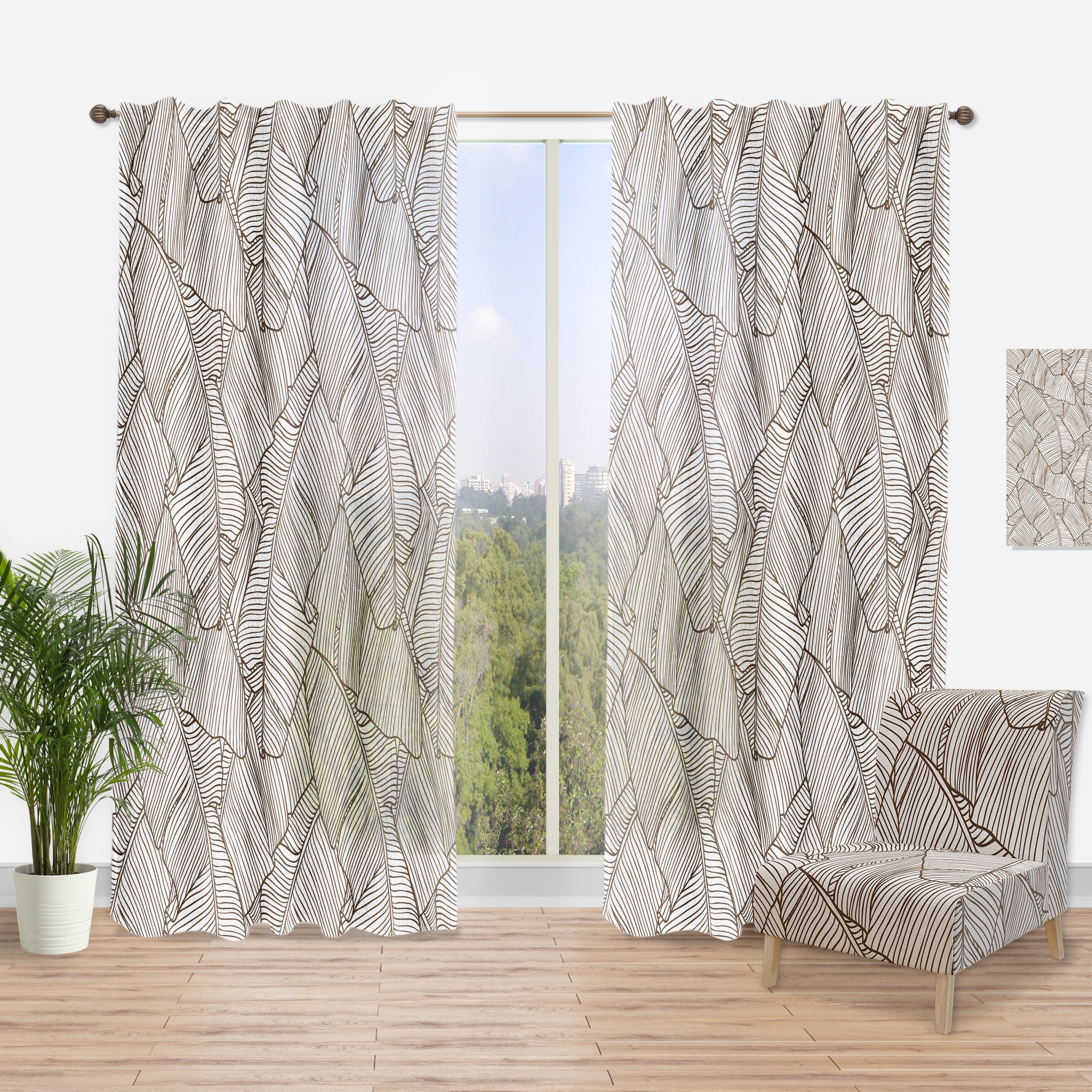 Designart 'Monochrome Leaves Of Palm Tree' Tropical Curtain Panel