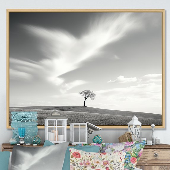 Designart "Monochrome Lone Tree In Field" Tree Floater Framed Canvas Wall Art