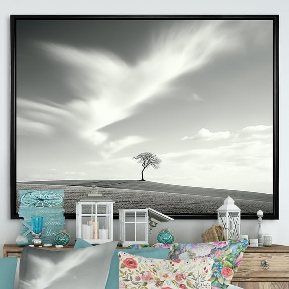 Designart "Monochrome Lone Tree In Field" Tree Floater Framed Canvas Wall Art