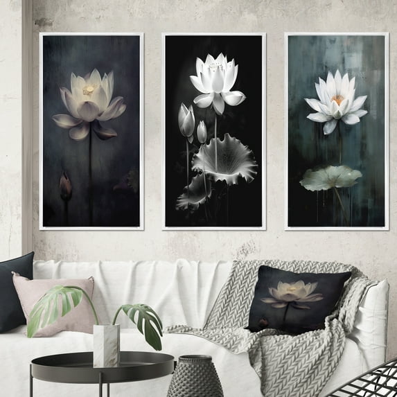 Designart "Monochrome Lotus Symphony in Grey III" Floral Framed Wall Art Set Of 3 - Grey Floral Frame Gallery Set For Office Decor