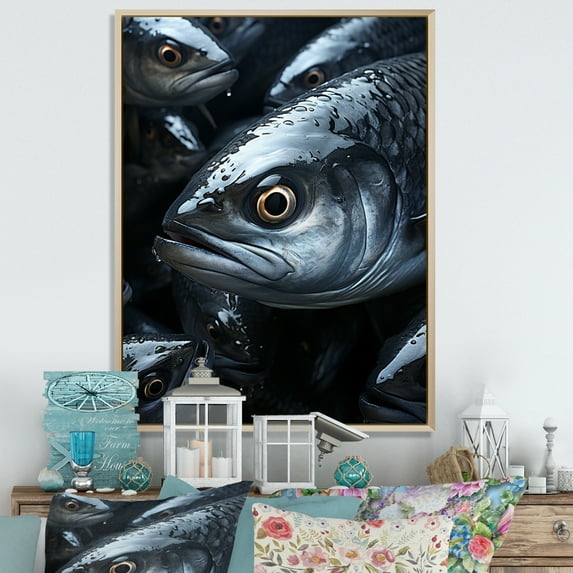 Designart "Monochrome Mackerel Fishing IV" Animals Floater Framed Canvas Print