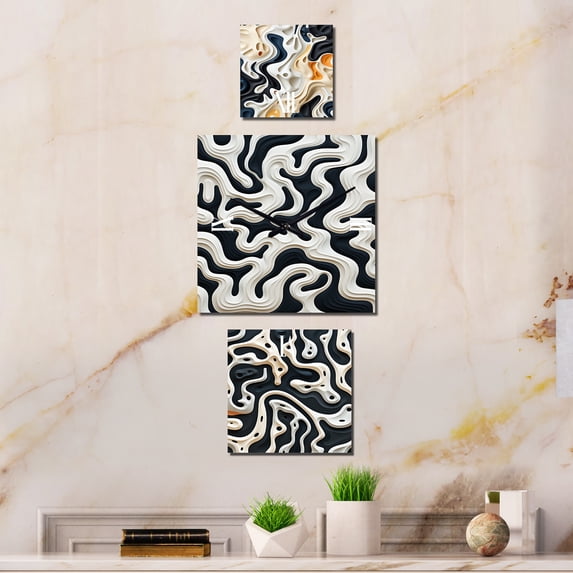 Designart "Monochrome Maze Design" Abstract Oversized Wall Clock - Set Of 3 - Multipanel Contemporary Clock For Living Room Décor - Large Vertical Clock