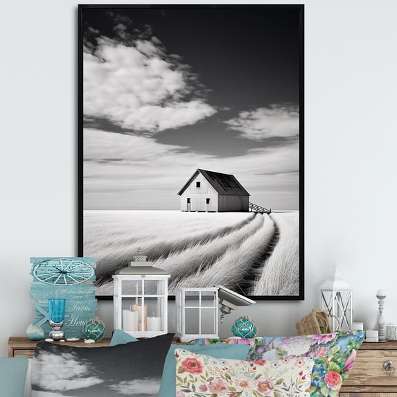 Designart "Monochrome Minimalist Country Charm Of The Barn I" Barns Floater Framed Canvas Art Print