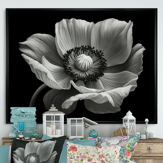 Designart "Monochrome Misty Poppies" Poppies Floater Framed Wall Decor