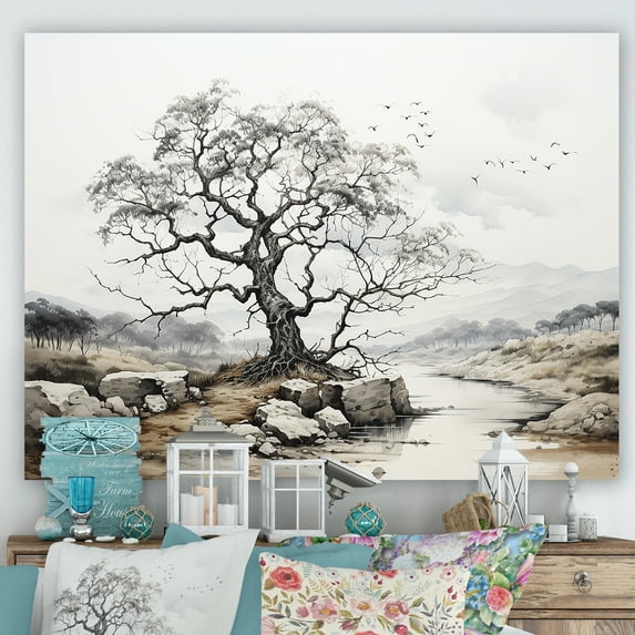 Designart "Monochrome Oak Landscape I" Tree Oak Wall Decor