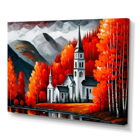 Designart Monochrome Orange Church In Winter Canvas Wall Art