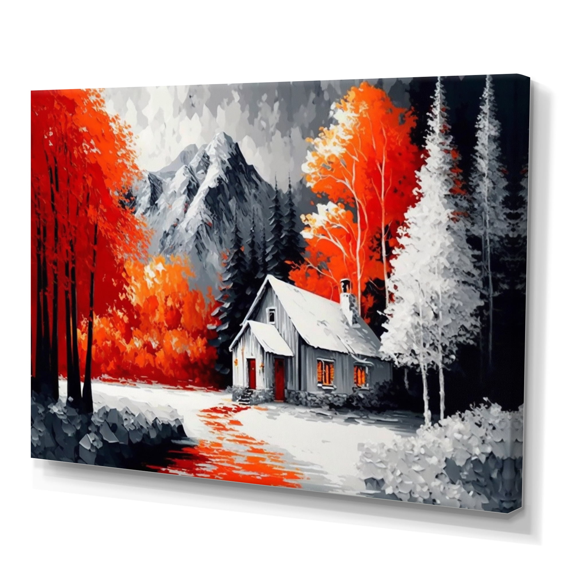 Designart Monochrome Orange Cottage In Winter II Canvas Wall Art