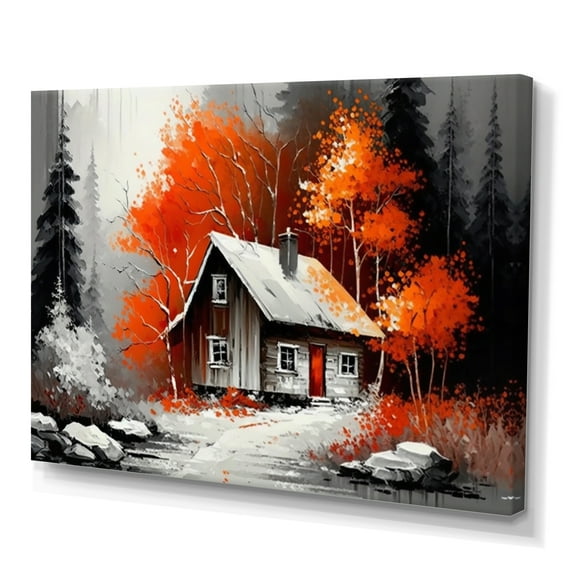 Designart Monochrome Orange Cottage In Winter IX Canvas Wall Art