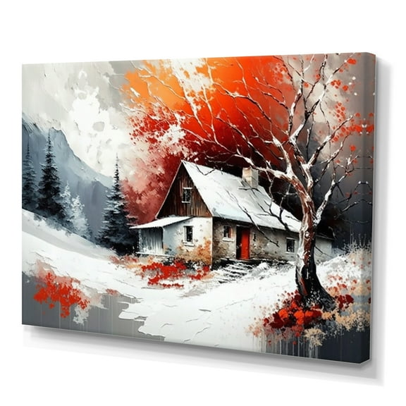 Designart Monochrome Orange Cottage In Winter VII Canvas Wall Art