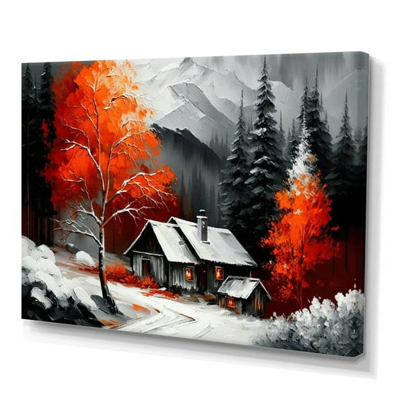 Designart Monochrome Orange Cottage In Winter VIII Canvas Wall Art