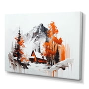 Designart Monochrome Orange Cottage In Winter XI Canvas Wall Art