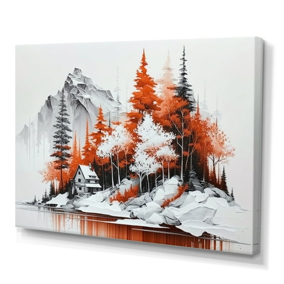 Designart Monochrome Orange Cottage In Winter XII Canvas Wall Art