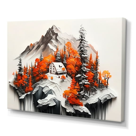 Designart Monochrome Orange Cottage In Winter XIII Canvas Wall Art