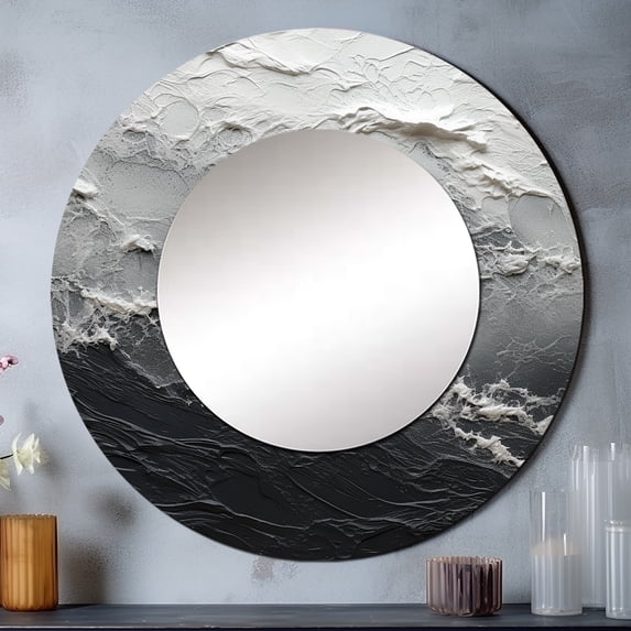 Designart "Monochrome Paint Wave Minimalism" Beach Rund Mirror For Wall Decor - Large Black Round Printed Mirror - Coastal Round Office Mirror - 29" x 29"