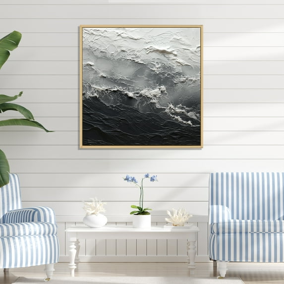 Designart "Monochrome Paint Wave Minimalism" Coastal Floater Framed Wall Art Living Room