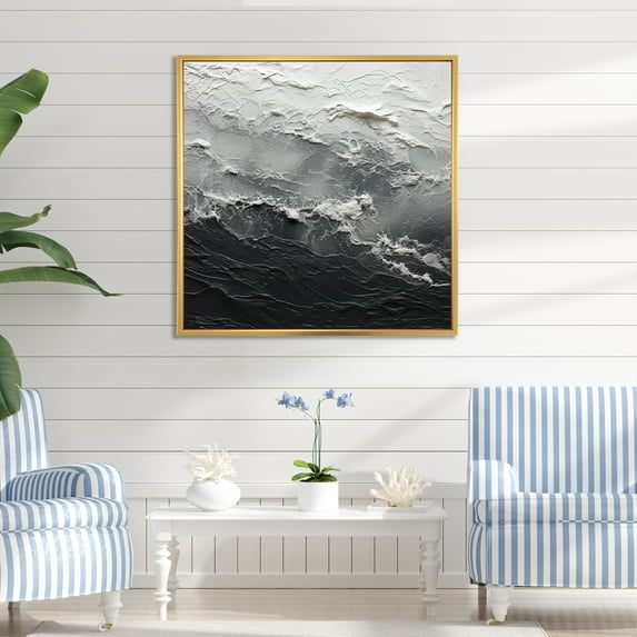 Designart "Monochrome Paint Wave Minimalism" Coastal Floater Framed Wall Art Living Room