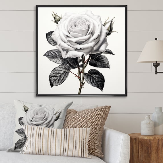 Designart "Monochrome Pencil Drawing of a Rose" Floral Framed Wall Art - Grey Rose Hallway Framed Wall Art Decor