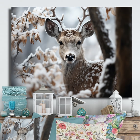 Designart "Monochrome Photography Winter Deer painting I" Animals Metal Art Print