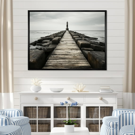 Designart "Monochrome Pier On The Horizon" Coastal Pier Floater Framed Wall Art Living Room