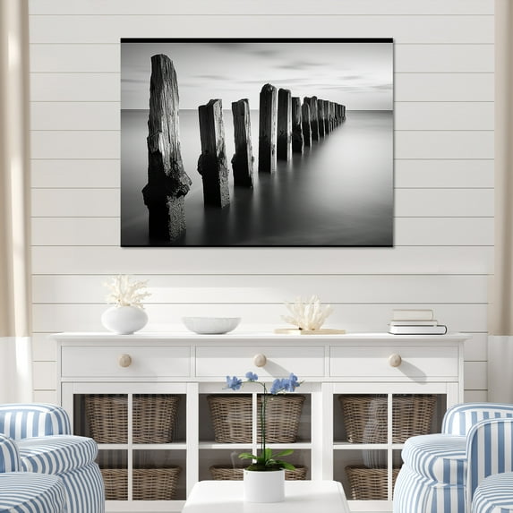 Designart "Monochrome Pier On The Horizon II" Coastal Pier Wall Art Living Room