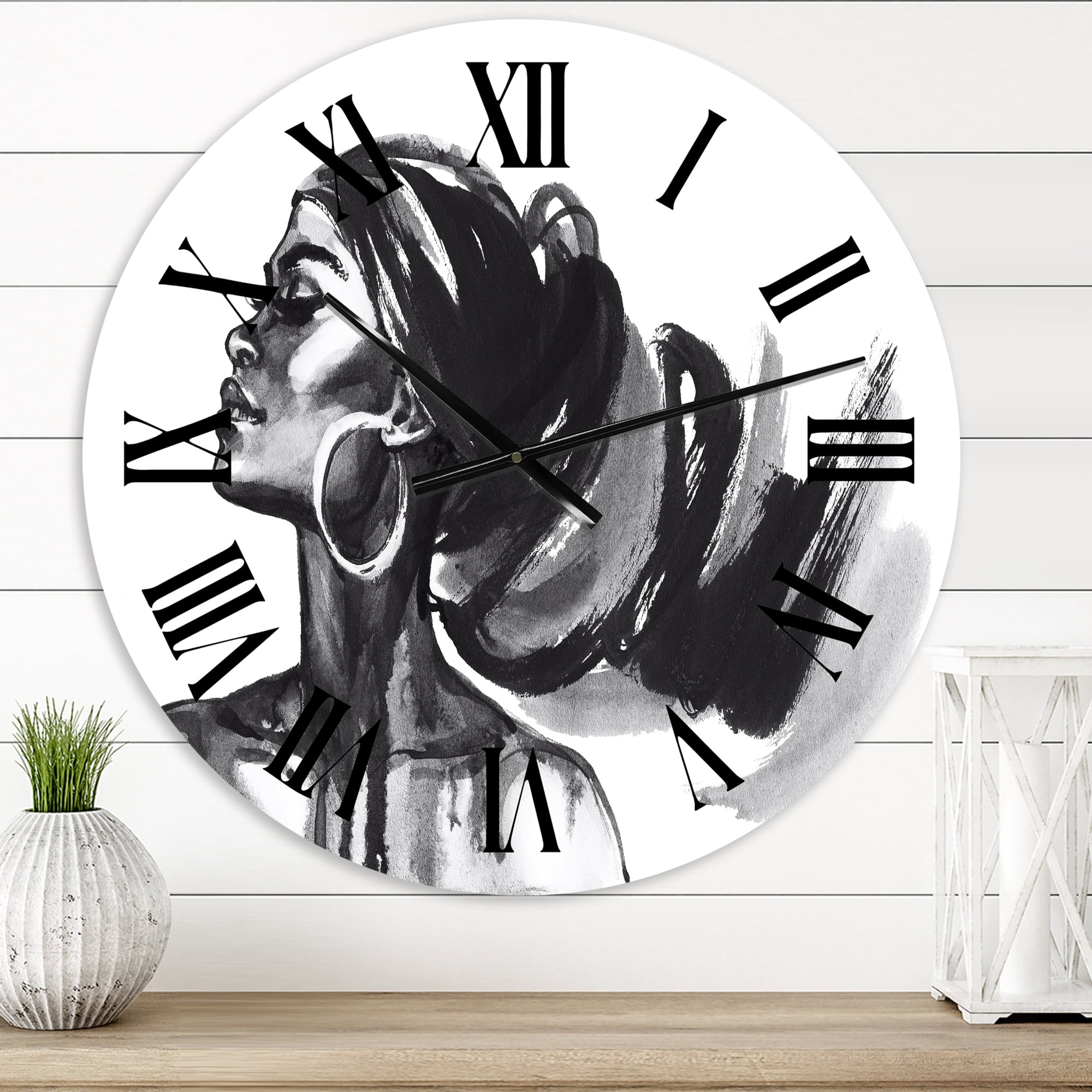 Designart 'Monochrome Portrait Of African American Woman Iv' Modern Wall Clock