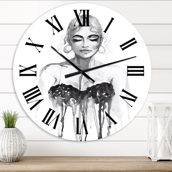 Designart 'Monochrome Portrait Of Woman Wearing Evening Dress' Modern Wall Clock