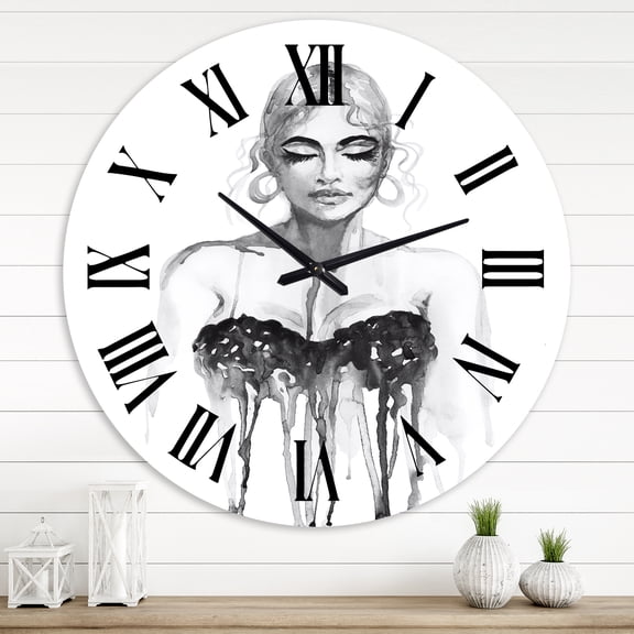 Designart 'Monochrome Portrait Of Woman Wearing Evening Dress' Modern Wall Clock
