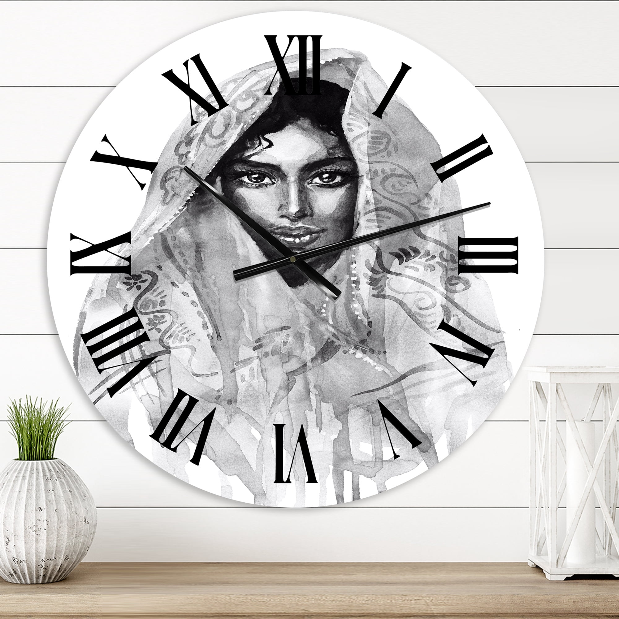 Designart 'Monochrome Portrait Of Young Indian Woman I' Modern Wall Clock