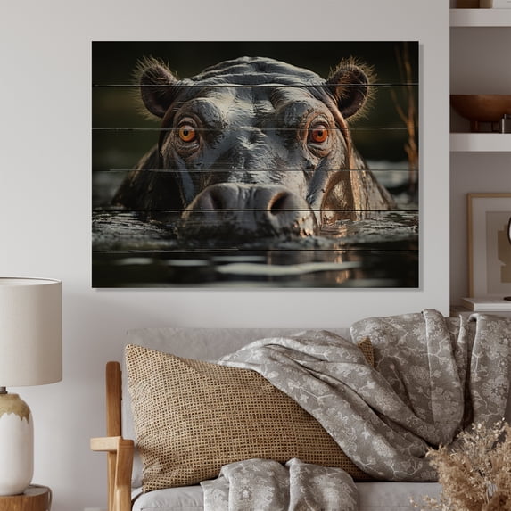 Designart "Monochrome Portrait of a Hippopotamus" Animals Print on Natural Pine Wood