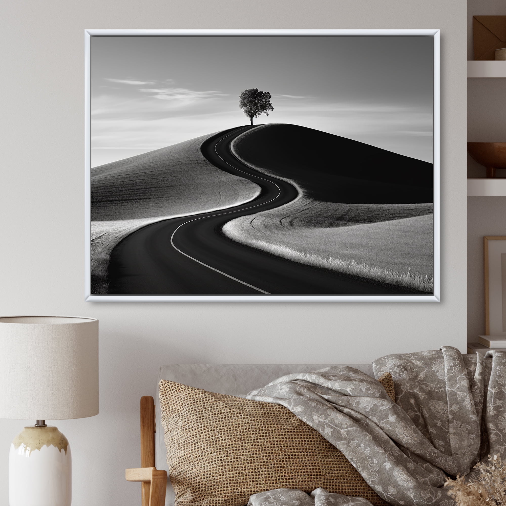 Monochrome Road Vista Framed Canvas Art Print