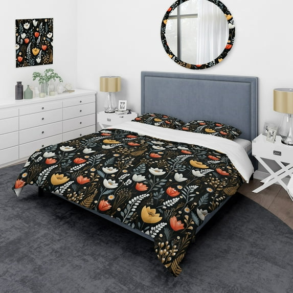 Designart "Monochrome Rustic Garden Elegance" Black Floral Bedding Covert Set - Cottage Bed Set With 2 Shams