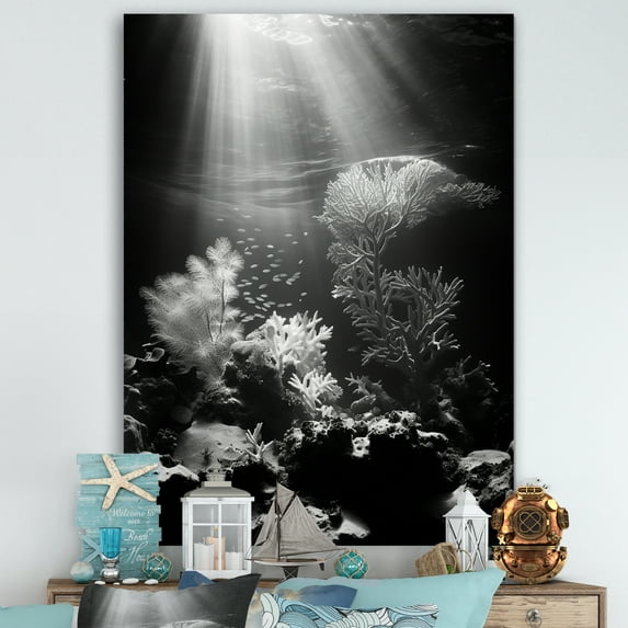 Designart "Monochrome Seashore Coral Array" Coastal Coral Under Water Canvas Wall Art
