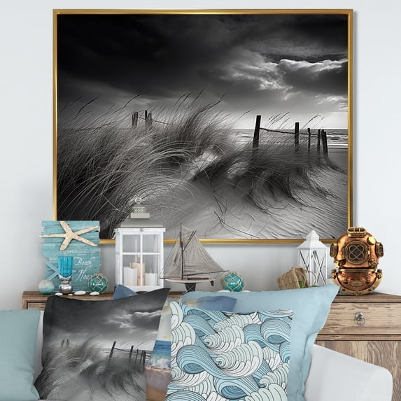 Designart "Monochrome Seashore Vista I" Beach Floater Framed Wall Art Prints