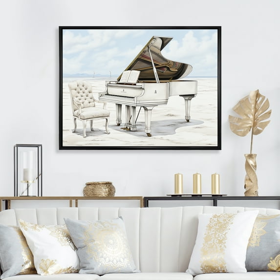 Designart "Monochrome Sonata Black and White Symphony" Music Framed Wall Art - Vintage White Music Piano Bedroom Framed Canvas Wall Art