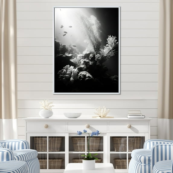 Designart "Monochrome Subaquatic Tranquility II" Coastal Coral Under Water Floater Framed Canvas Prints