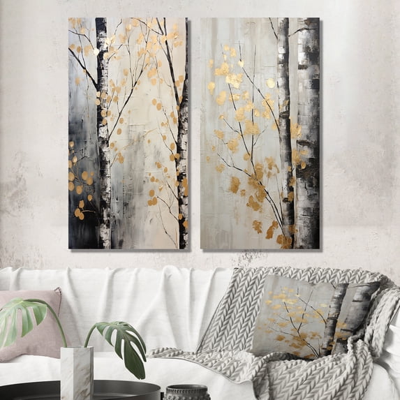 Designart "Monochrome Tree Of Gray And Gold" Tree Monochrome Wall Art Set Of 2 - Gold Floral Wall Decor Set Of 2