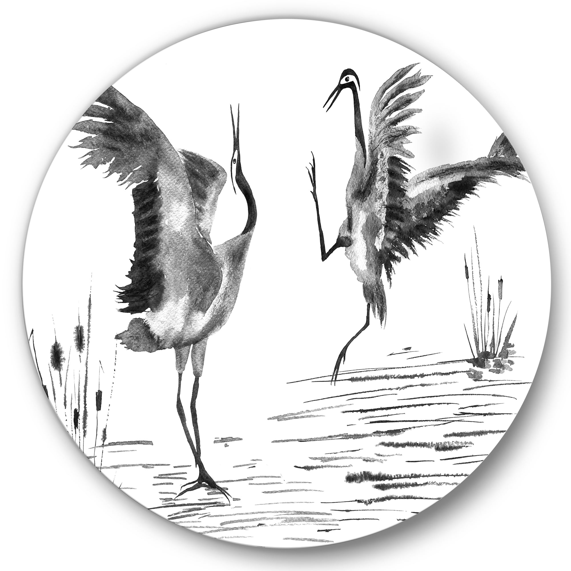 Designart 'Monochrome Two Enamored Japanese Cranes Birds' Traditional Circle Metal Wall Art 23x23 - Disc of 23