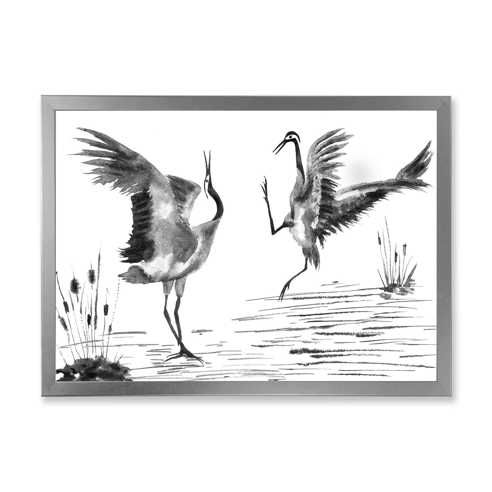 Designart 'Monochrome Two Enamored Japanese Cranes Birds' Traditional Framed Art Print